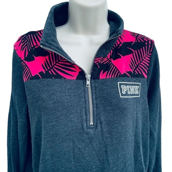Pink Victoria secret quarter zip jacket palm tropical print Size M grey - Picture 2 of 4